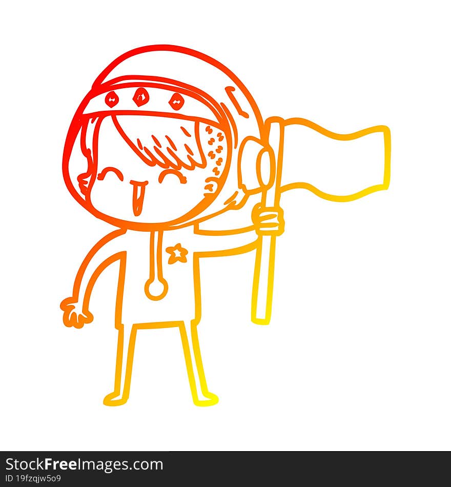 Warm Gradient Line Drawing Happy Cartoon Space Girl Holding Flag