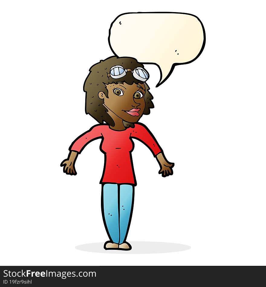 cartoon woman wearing goggles with speech bubble