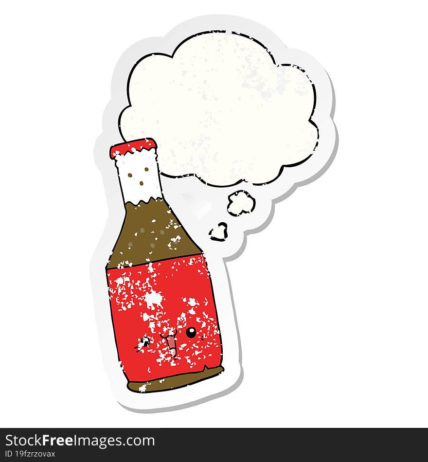 cartoon beer bottle and thought bubble as a distressed worn sticker