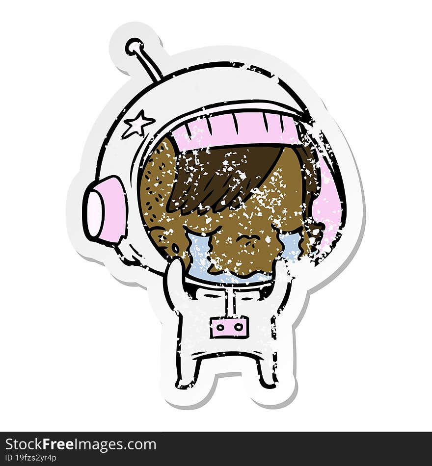 distressed sticker of a cartoon crying astronaut girl