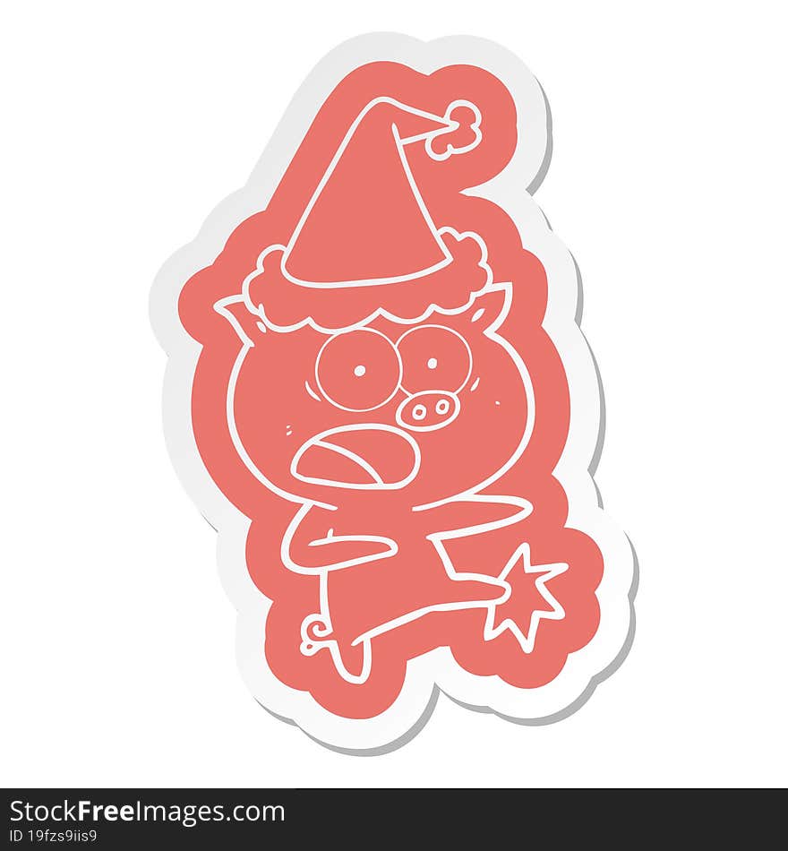 Cartoon  Sticker Of A Pig Shouting And Kicking Wearing Santa Hat