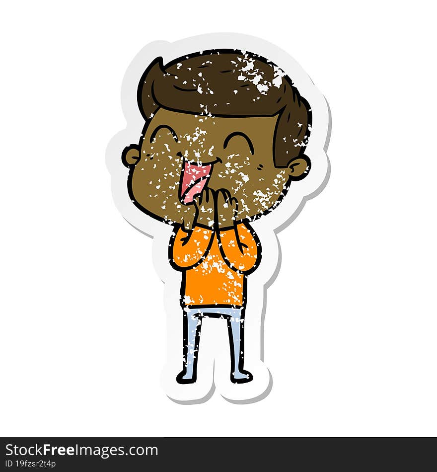 distressed sticker of a cartoon man laughing