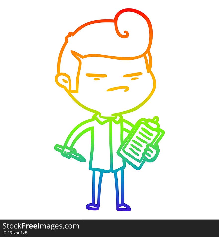 rainbow gradient line drawing of a cartoon cool guy with fashion hair cut and clip board