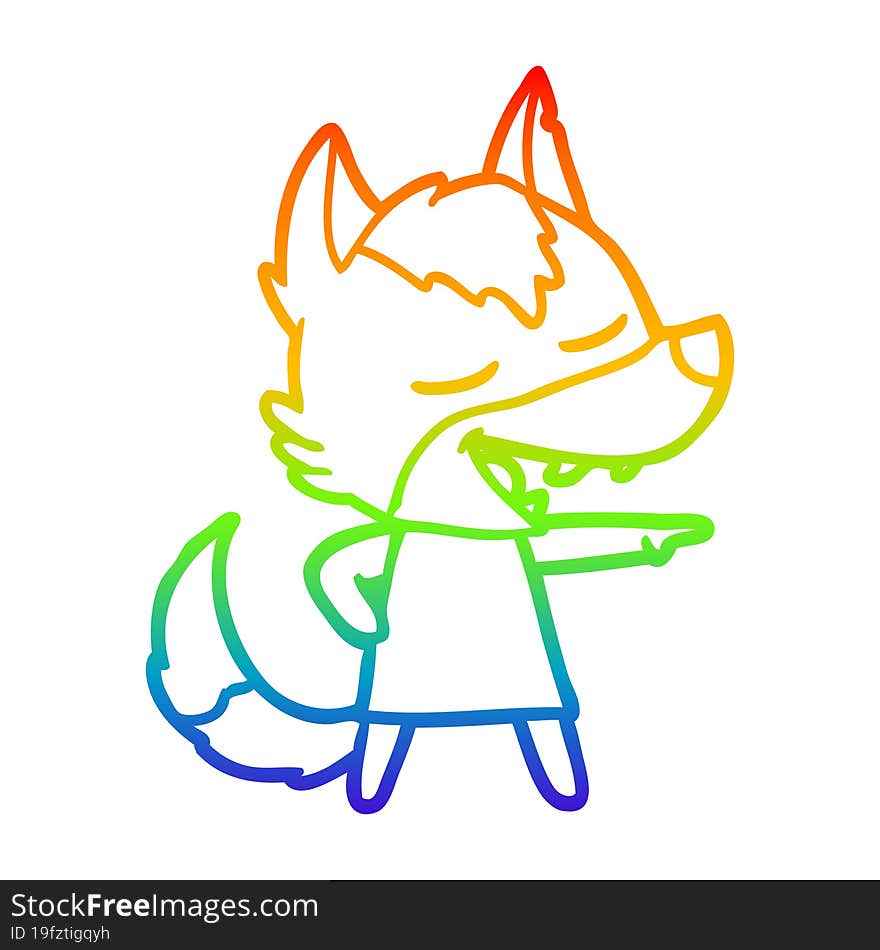 rainbow gradient line drawing of a cartoon wolf laughing