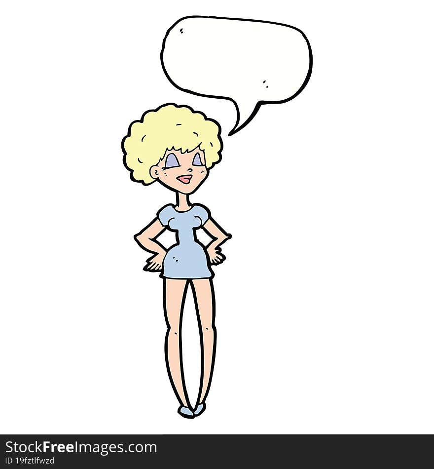 cartoon happy woman with hands on hips with speech bubble