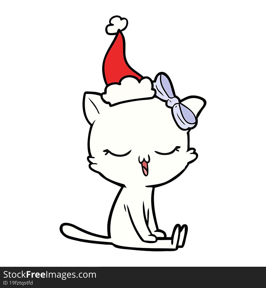 hand drawn line drawing of a cat with bow on head wearing santa hat