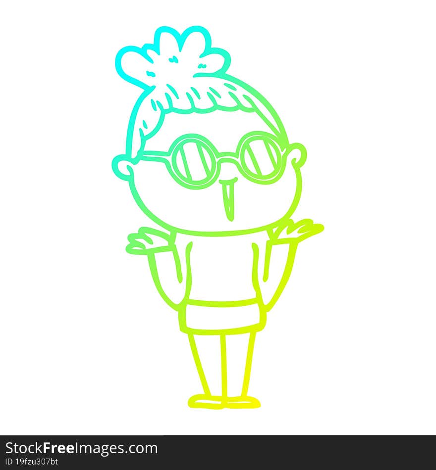 cold gradient line drawing cartoon shrugging woman wearing spectacles