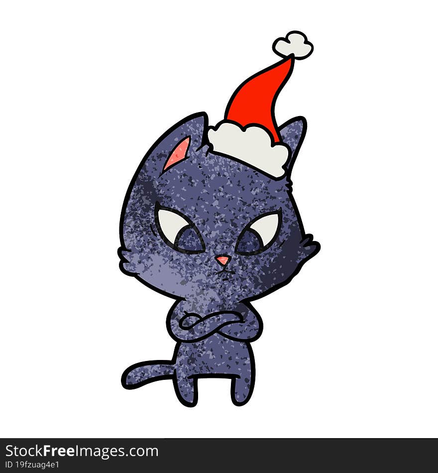 confused textured cartoon of a cat wearing santa hat