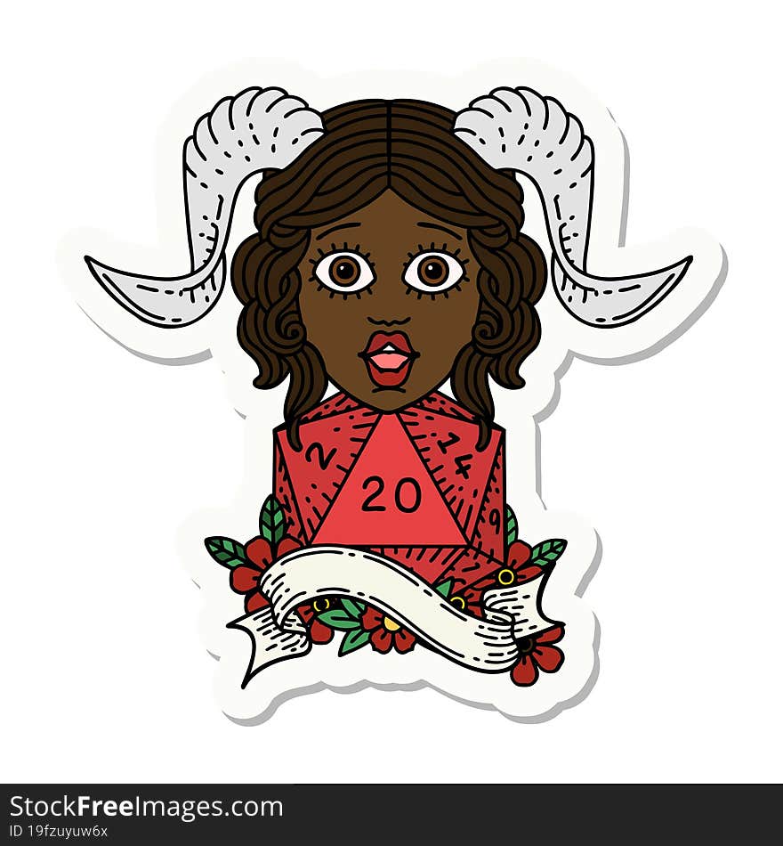 sticker of a tiefling with natural twenty dice roll. sticker of a tiefling with natural twenty dice roll