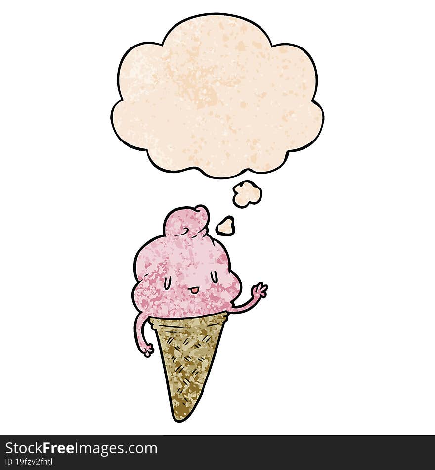 cute cartoon ice cream and thought bubble in grunge texture pattern style