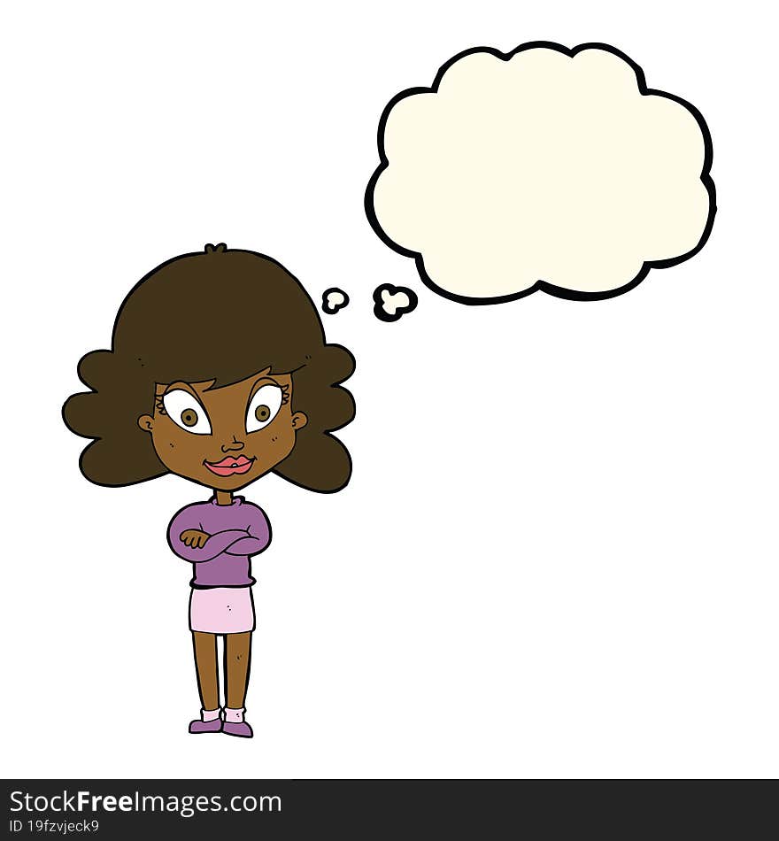 Cartoon Happy Woman With Folded Arms With Thought Bubble