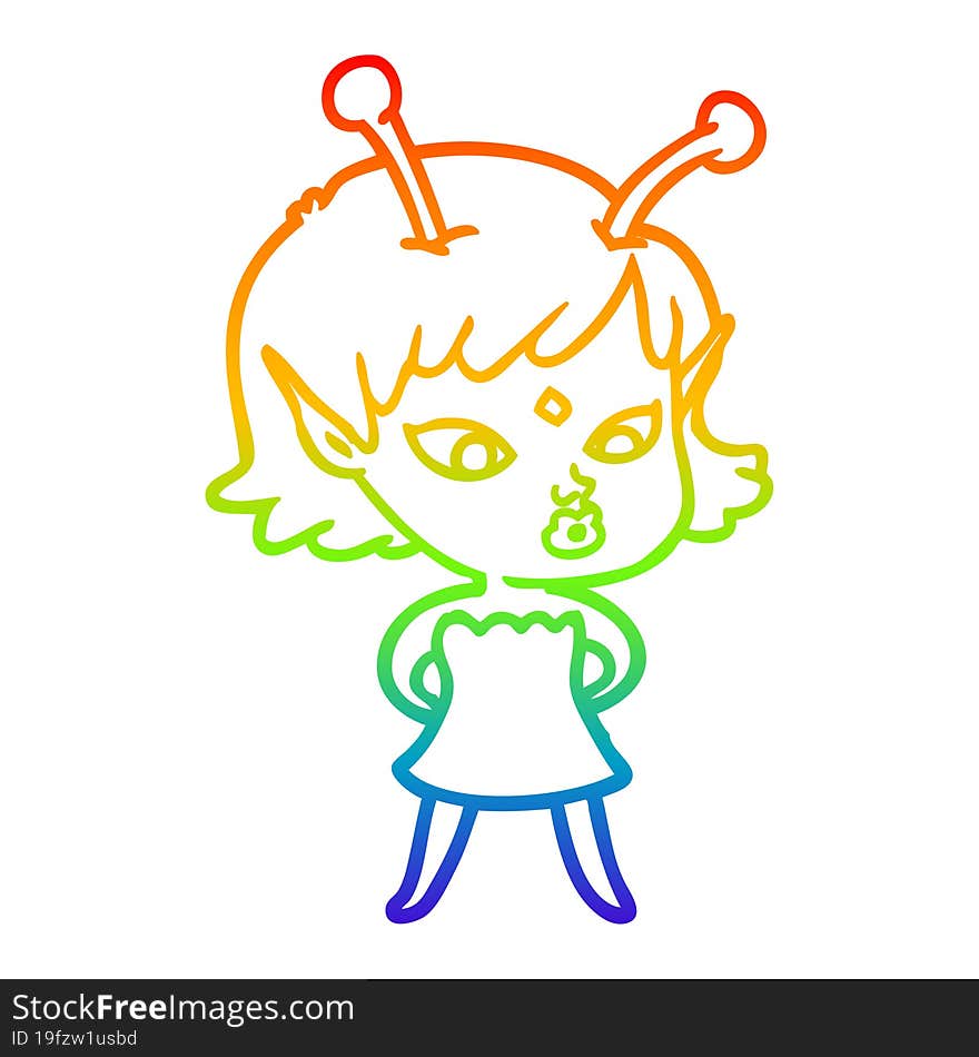 rainbow gradient line drawing of a pretty cartoon alien girl