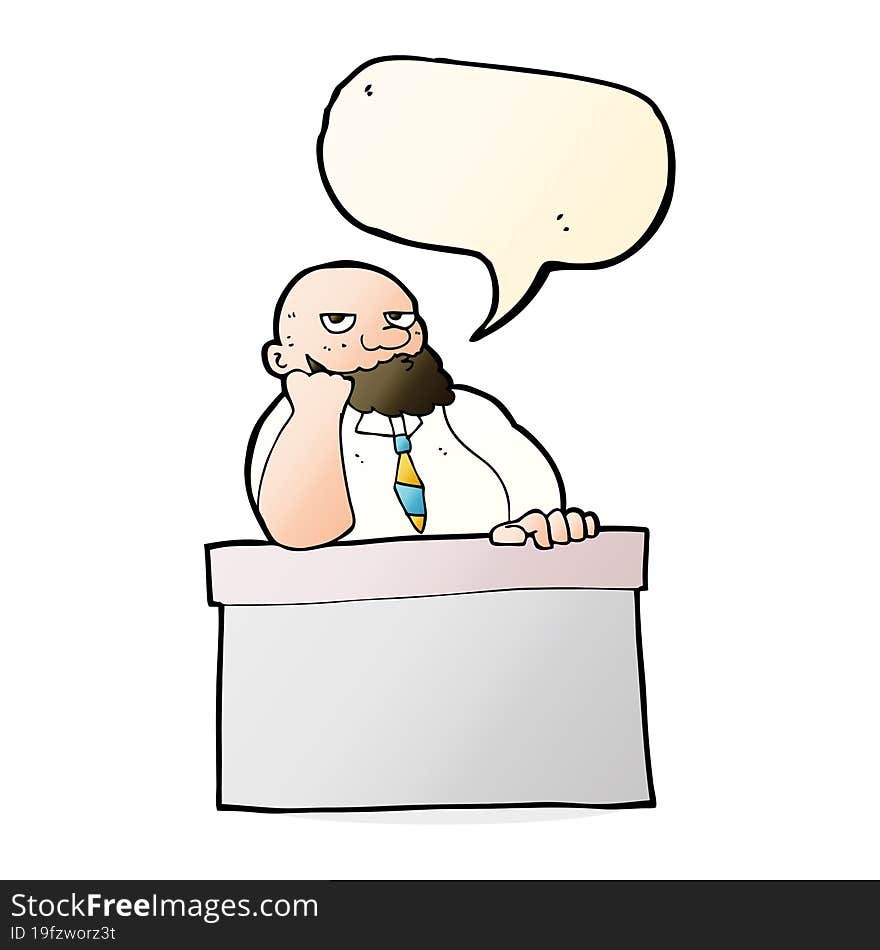 cartoon bored man at desk with speech bubble