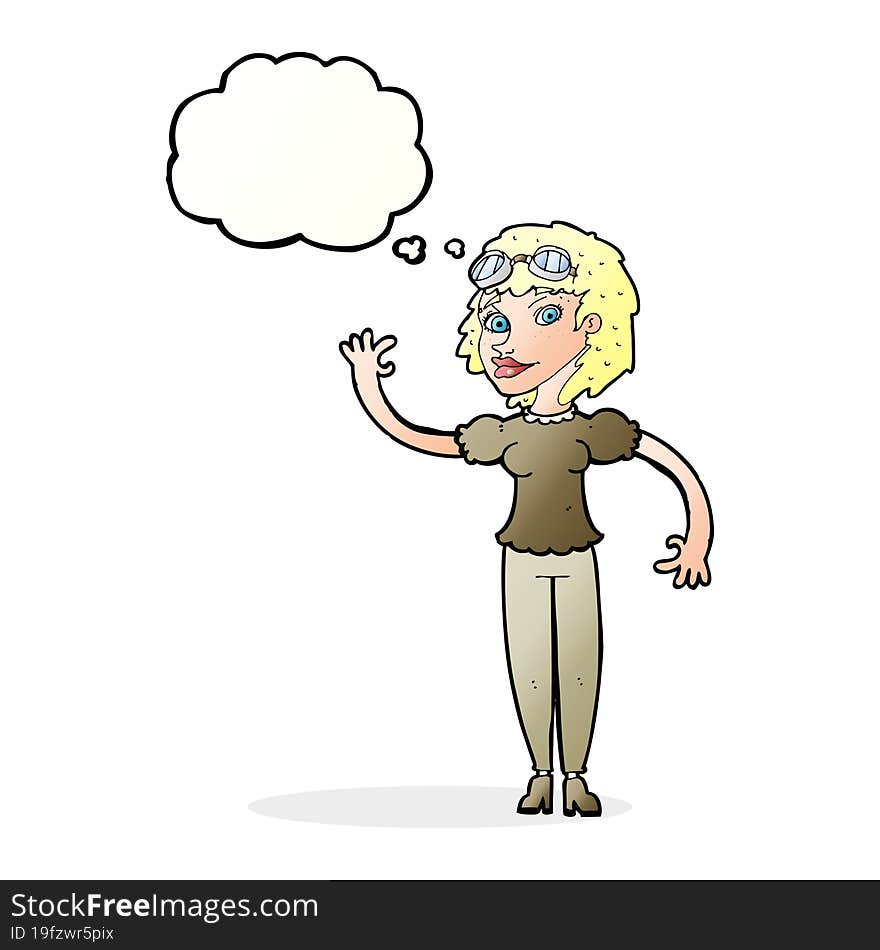 cartoon pilot woman waving with thought bubble