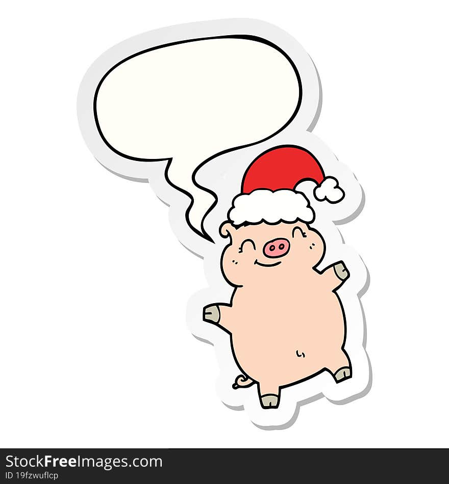 cartoon happy christmas pig and speech bubble sticker