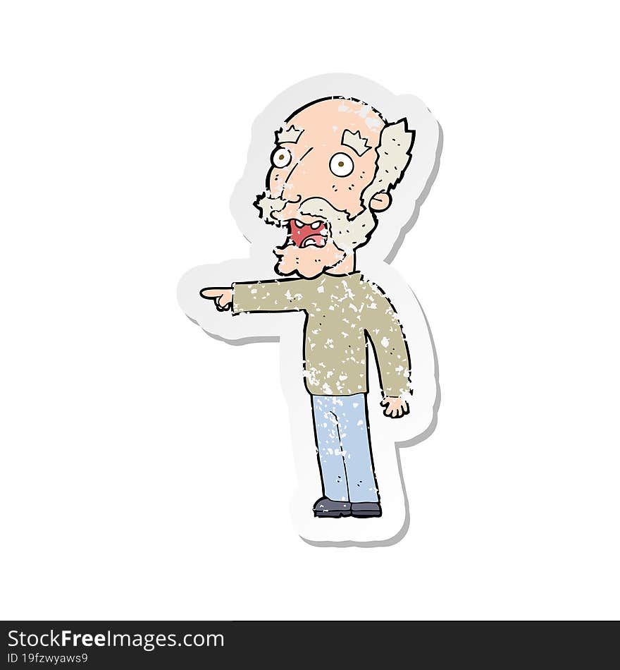 retro distressed sticker of a cartoon scared old man pointing