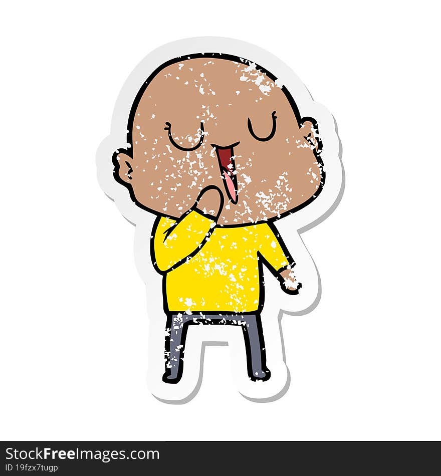 distressed sticker of a happy cartoon bald man