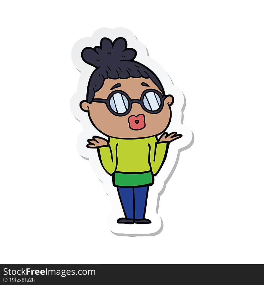 sticker of a cartoon confused woman wearing spectacles