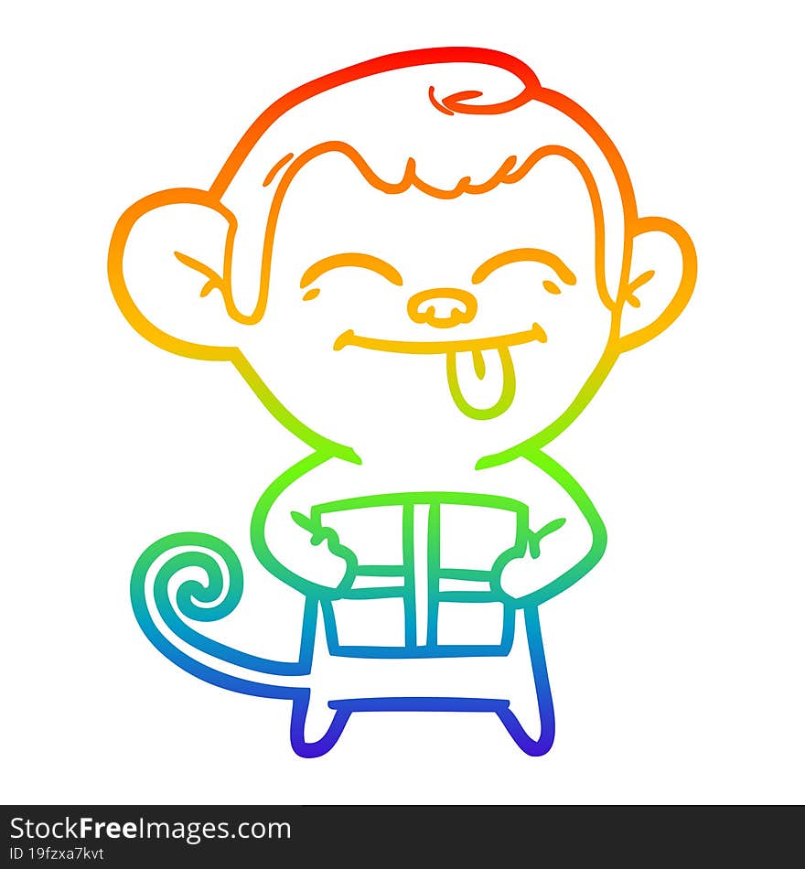 rainbow gradient line drawing of a funny cartoon monkey with christmas present