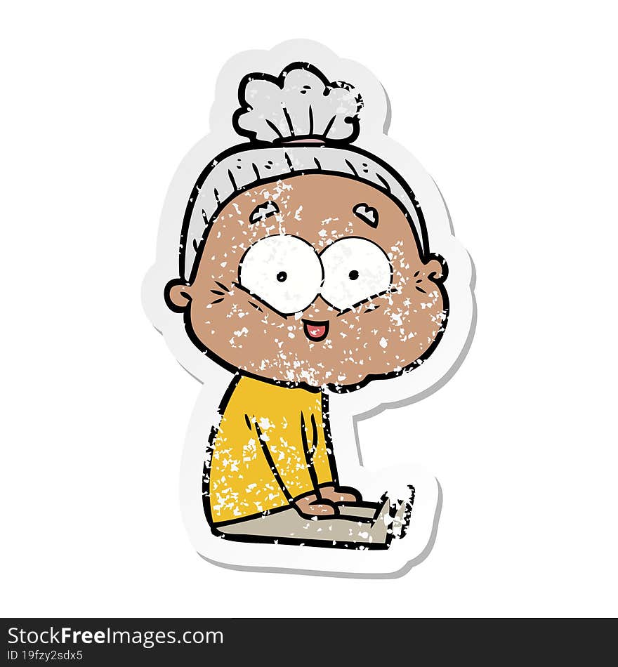 distressed sticker of a cartoon happy old woman