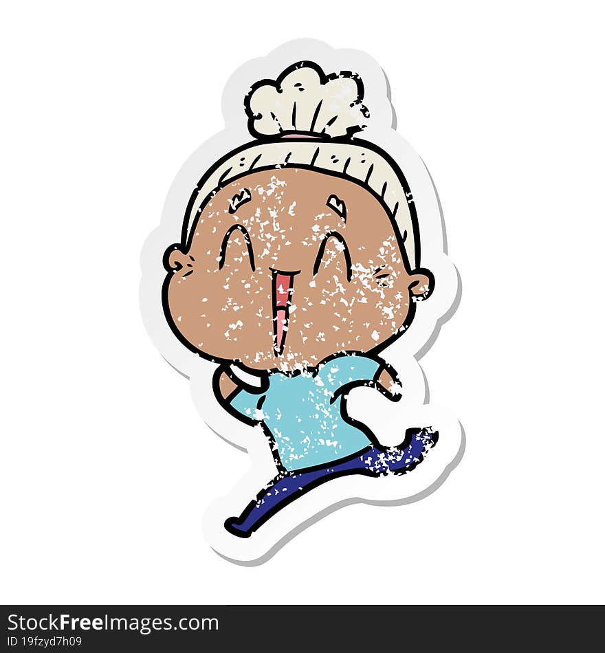 distressed sticker of a cartoon happy old lady