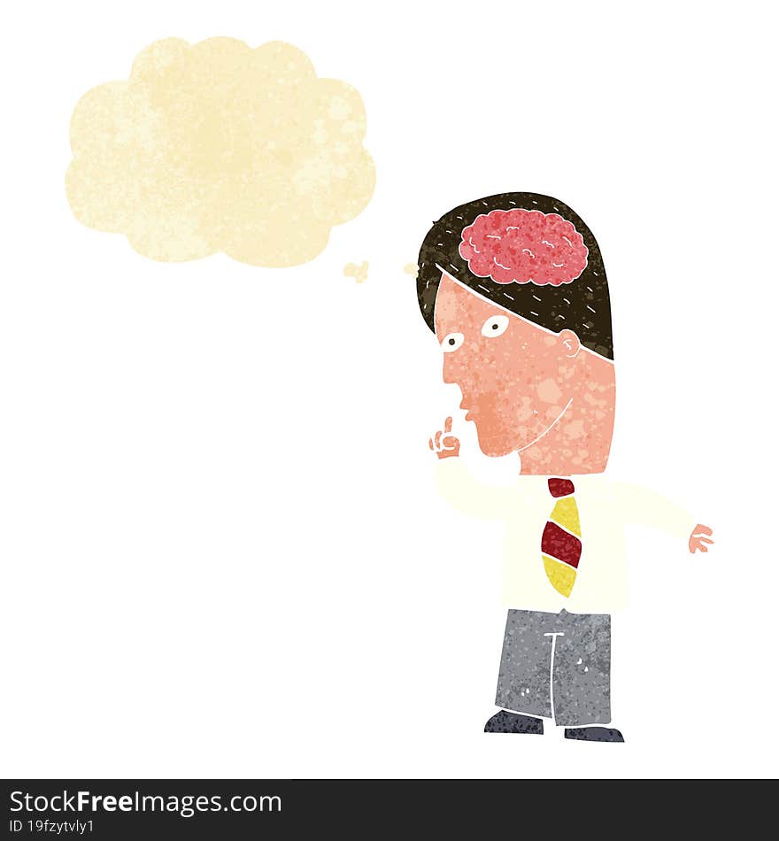 cartoon businessman with huge brain with thought bubble