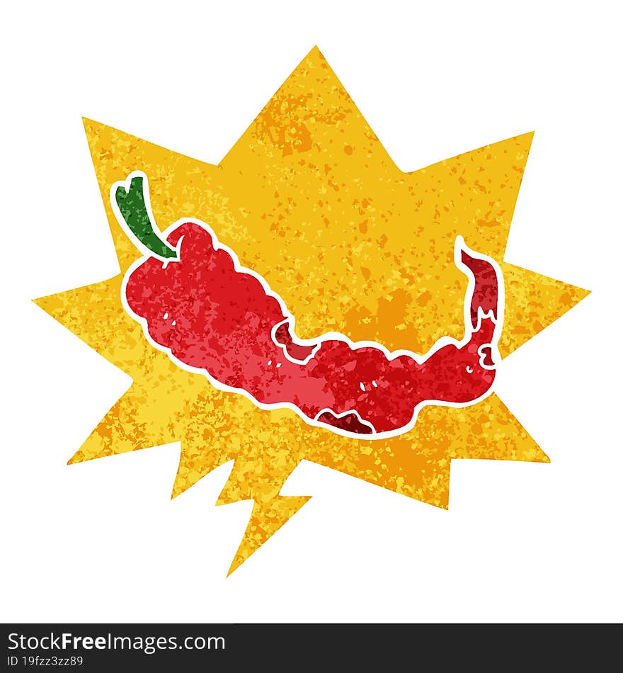 cartoon chili pepper and speech bubble in retro textured style