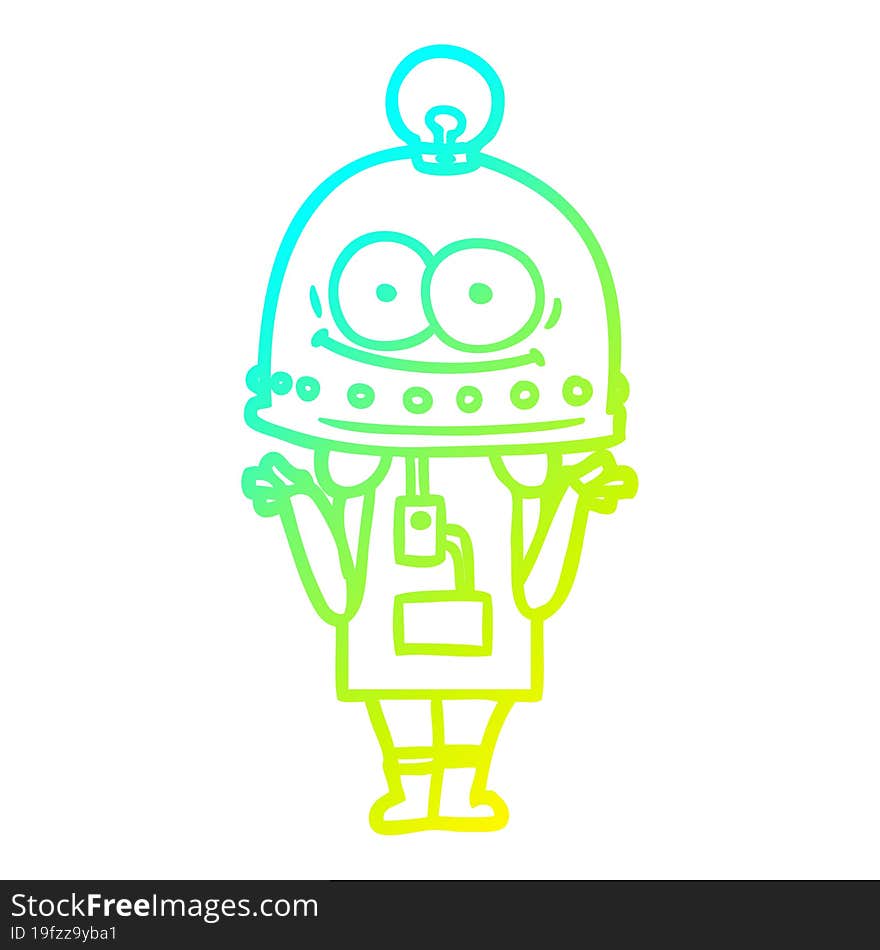 cold gradient line drawing of a happy carton robot with light bulb