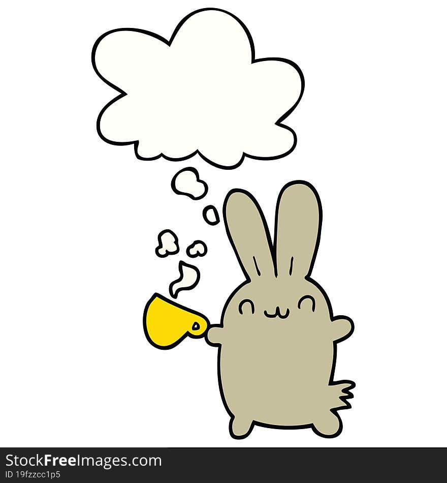 cute cartoon rabbit drinking coffee and thought bubble