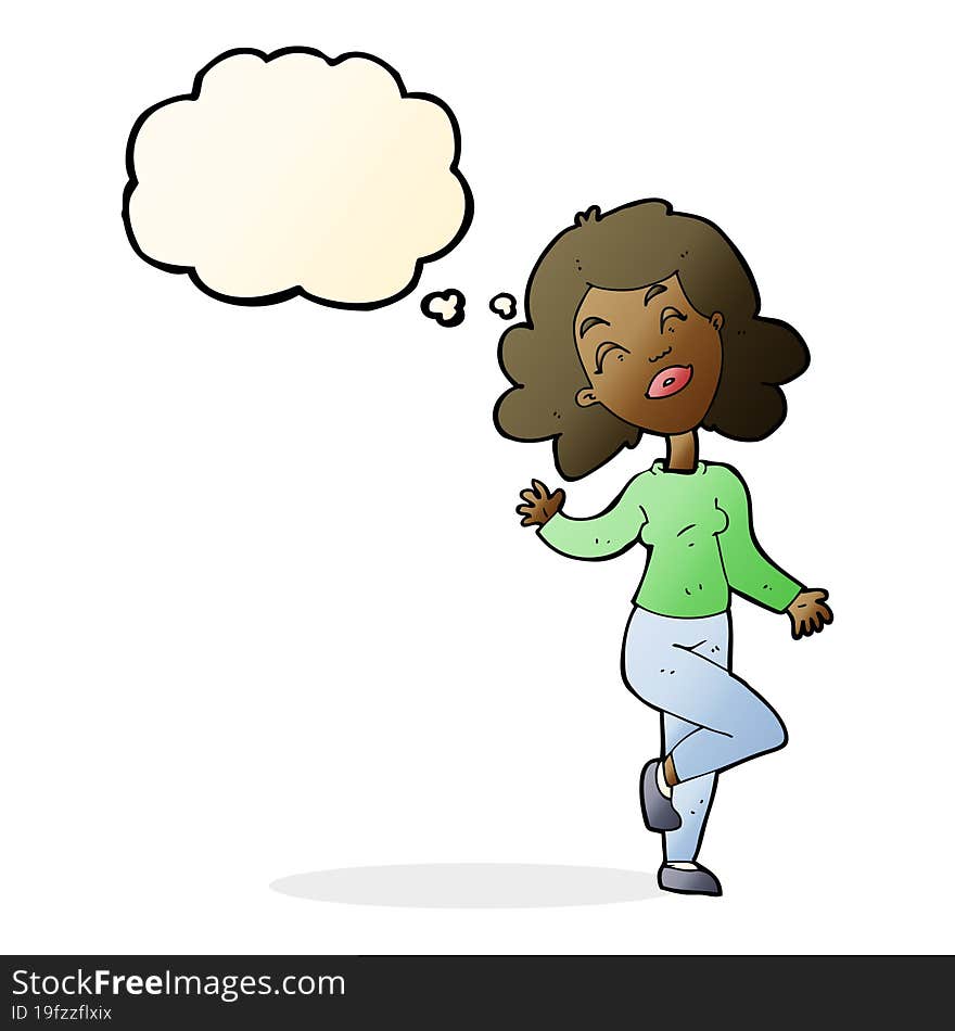 Cartoon Happy Woman Dancing With Thought Bubble