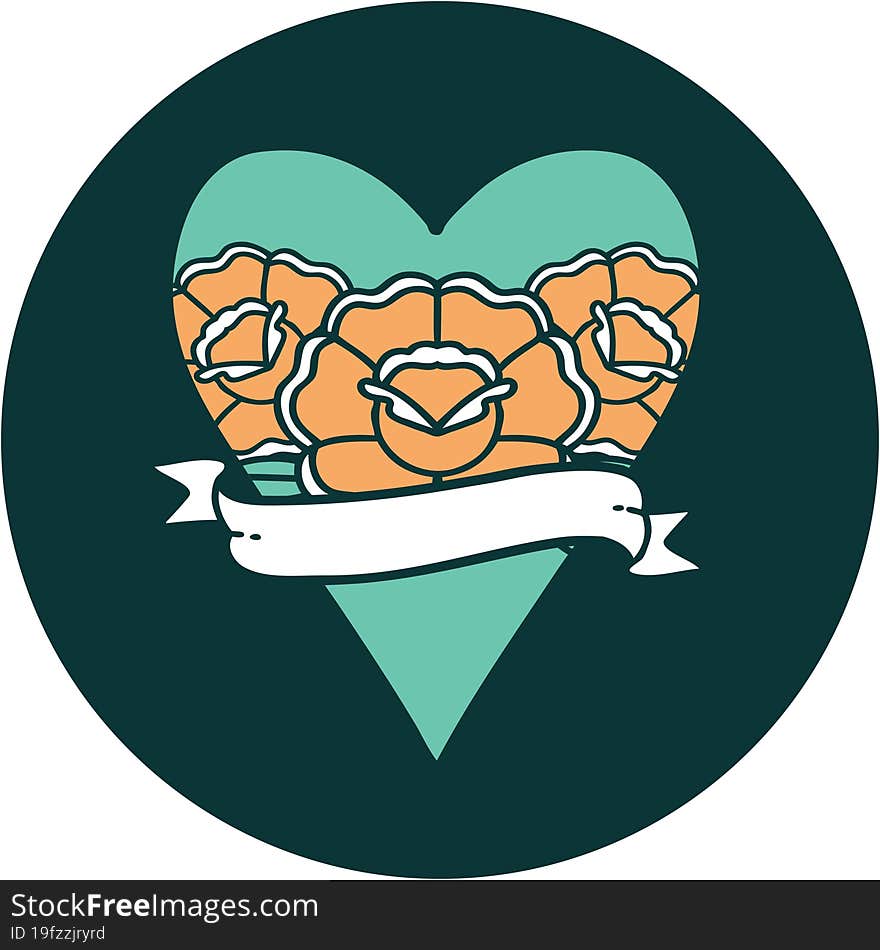 Tattoo Style Icon Of A Heart And Banner With Flowers