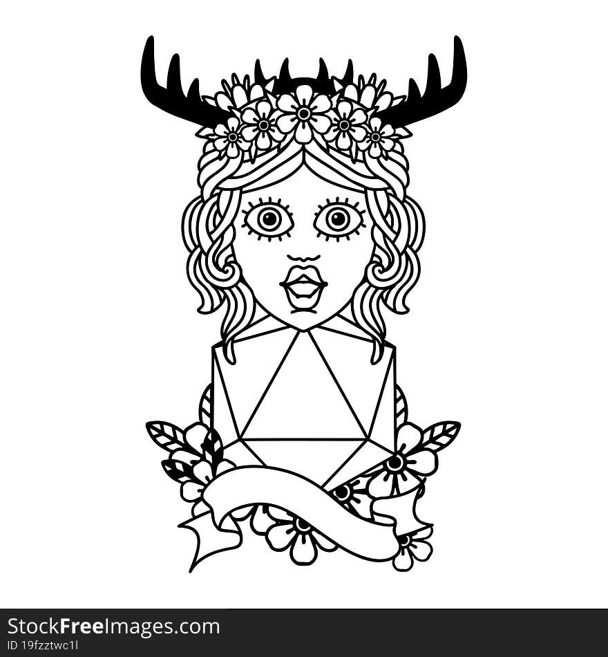 Black and White Tattoo linework Style human druid with natural twenty dice roll. Black and White Tattoo linework Style human druid with natural twenty dice roll