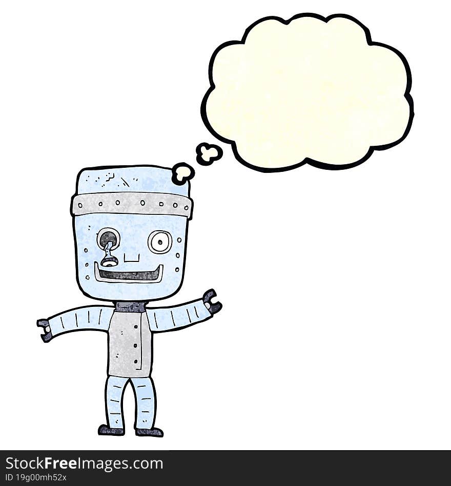 cartoon funny old robot with thought bubble