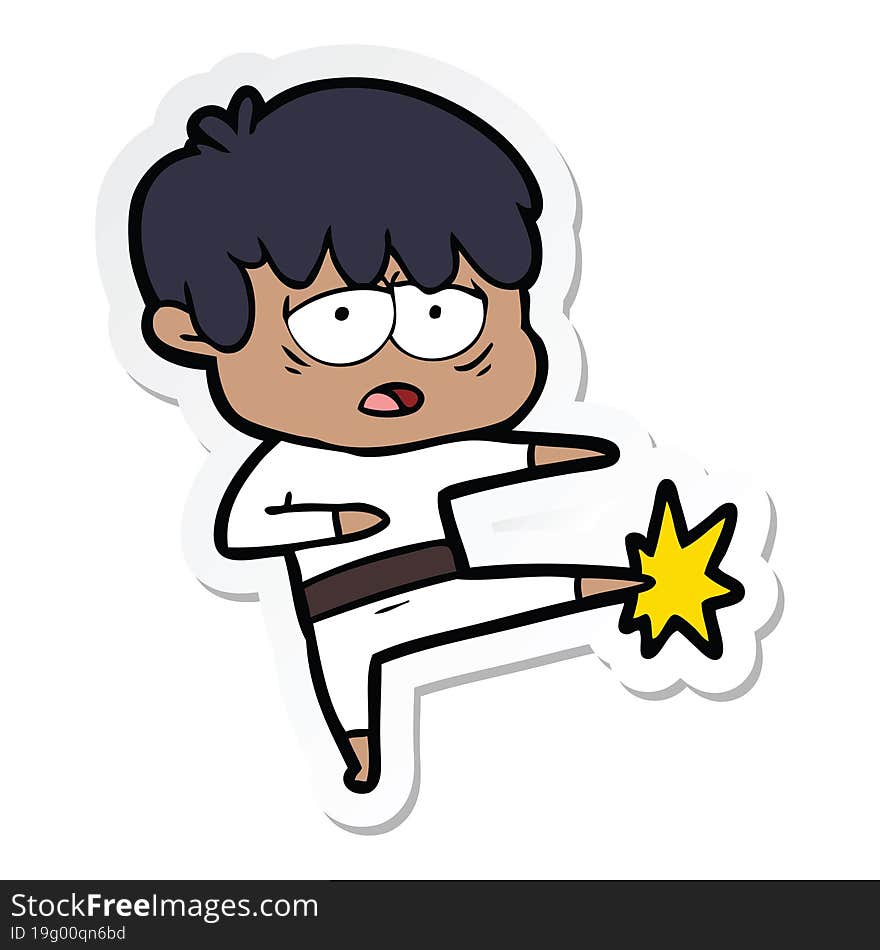 sticker of a cartoon exhausted boy doing karate