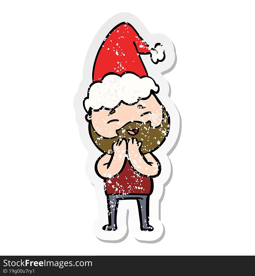 distressed sticker cartoon of a happy bearded man wearing santa hat