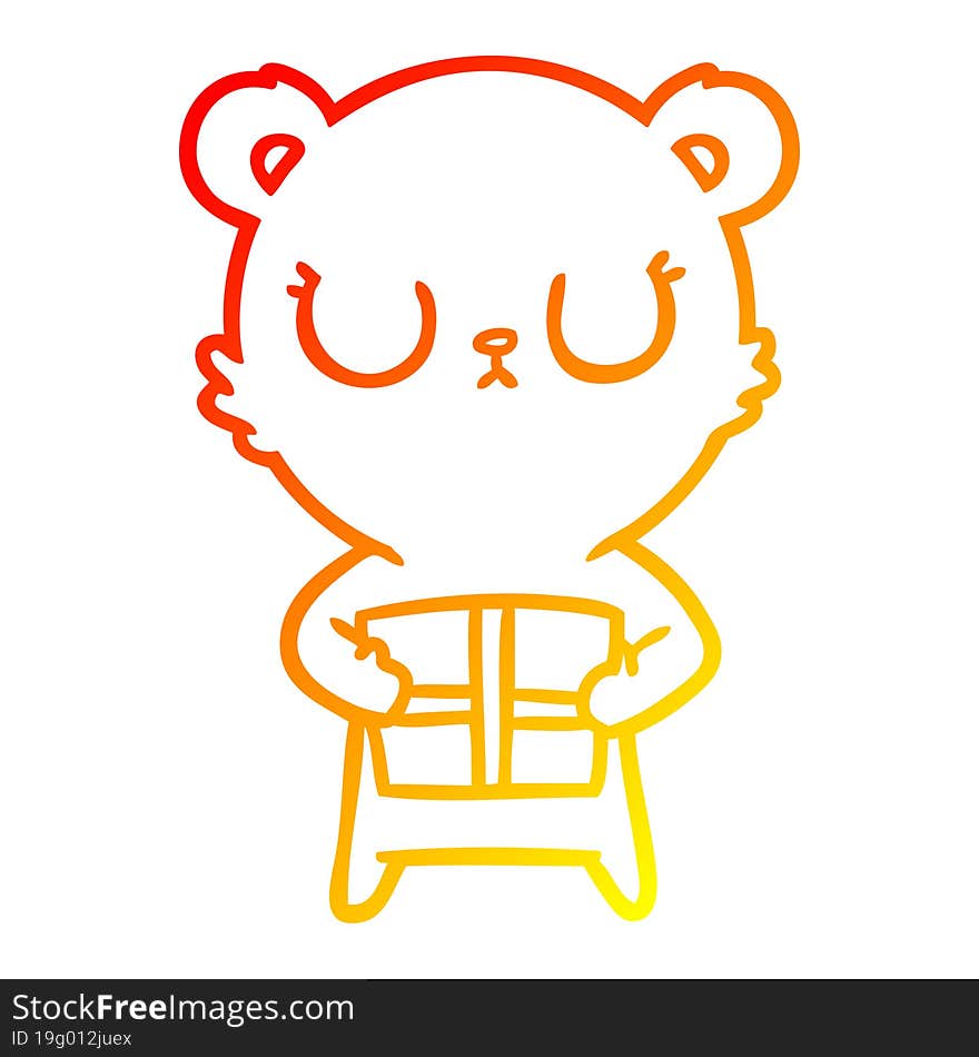 warm gradient line drawing of a peaceful cartoon bear with present