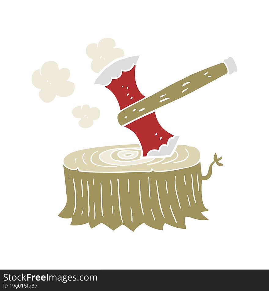 flat color illustration of a cartoon tree stump and axe