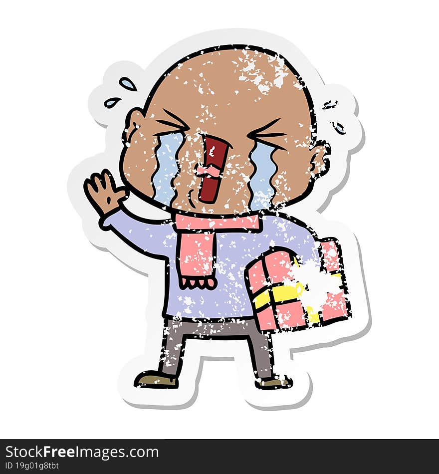 distressed sticker of a cartoon crying bald man