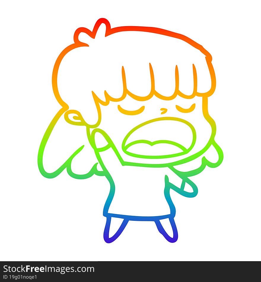 rainbow gradient line drawing of a cartoon woman talking loudly