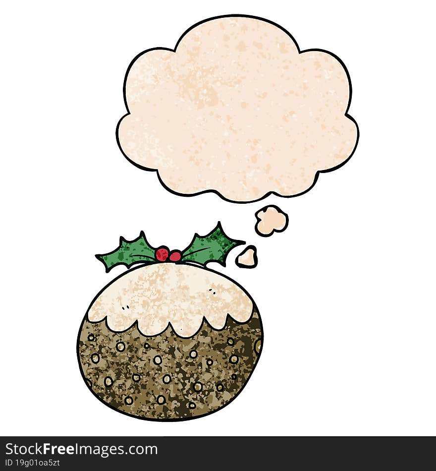 cartoon christmas pudding and thought bubble in grunge texture pattern style