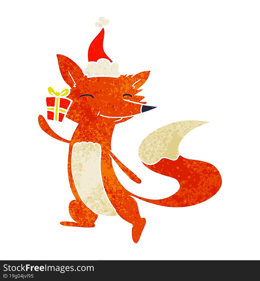 retro cartoon of a happy fox wearing santa hat