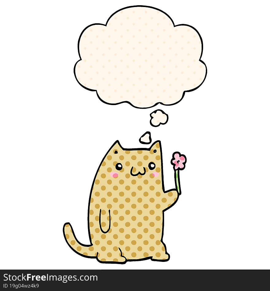 cute cartoon cat with flower and thought bubble in comic book style