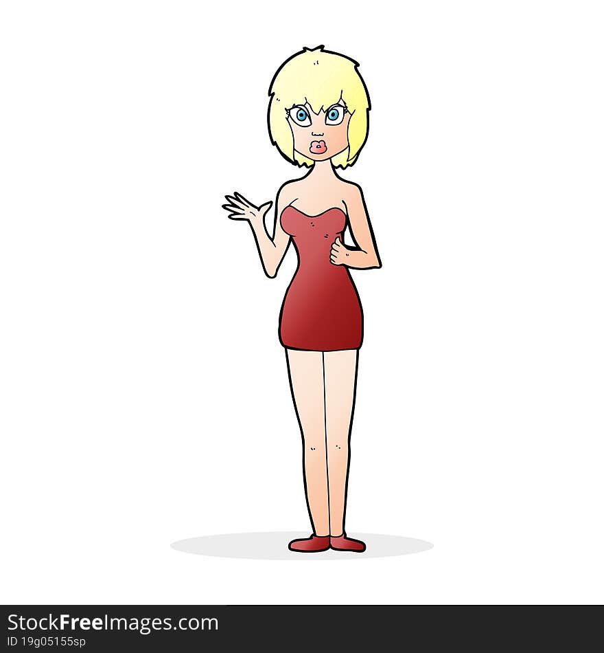 cartoon confused woman in cocktail dress