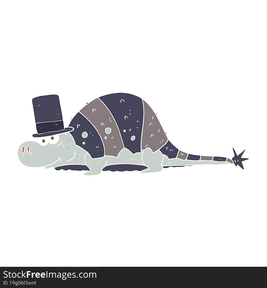 flat color illustration of a cartoon dinosaur in top hat