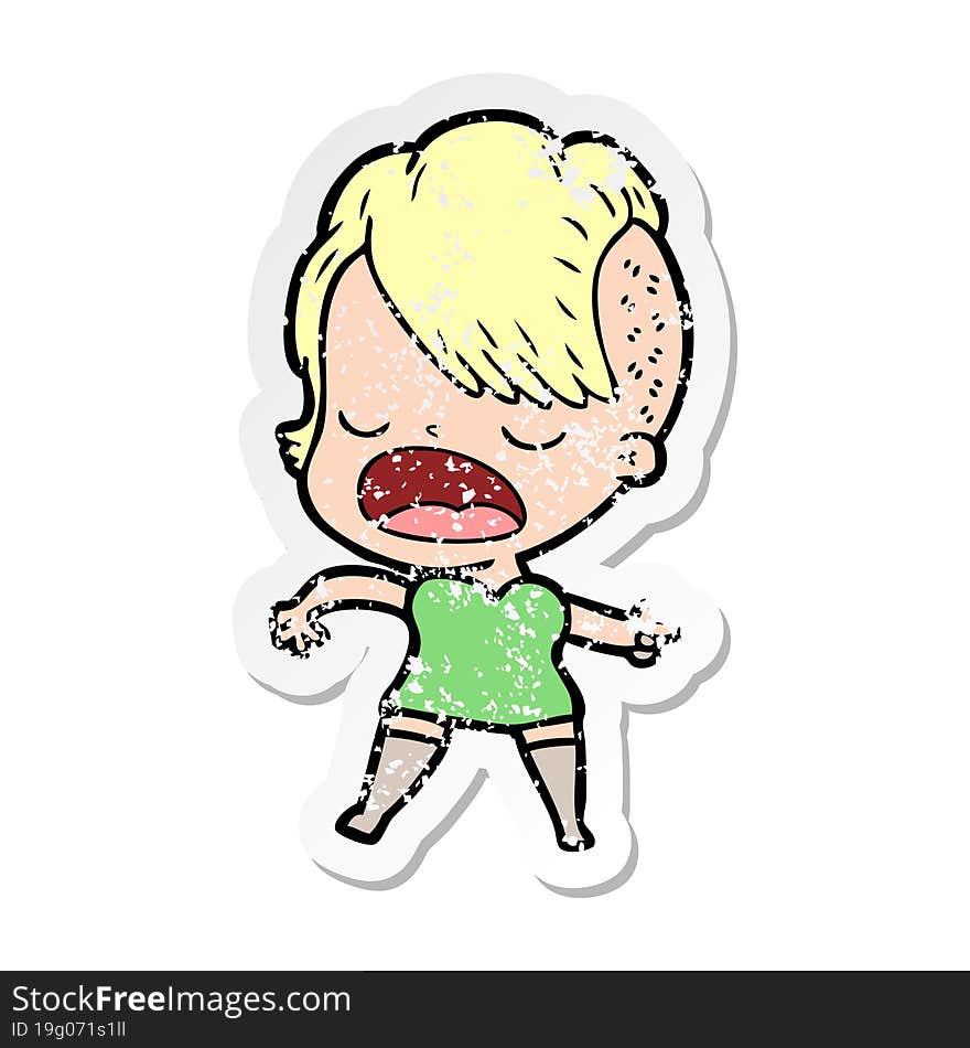 distressed sticker of a cartoon cool hipster girl talking