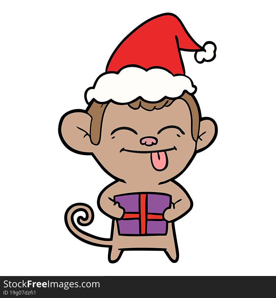 funny line drawing of a monkey with christmas present wearing santa hat