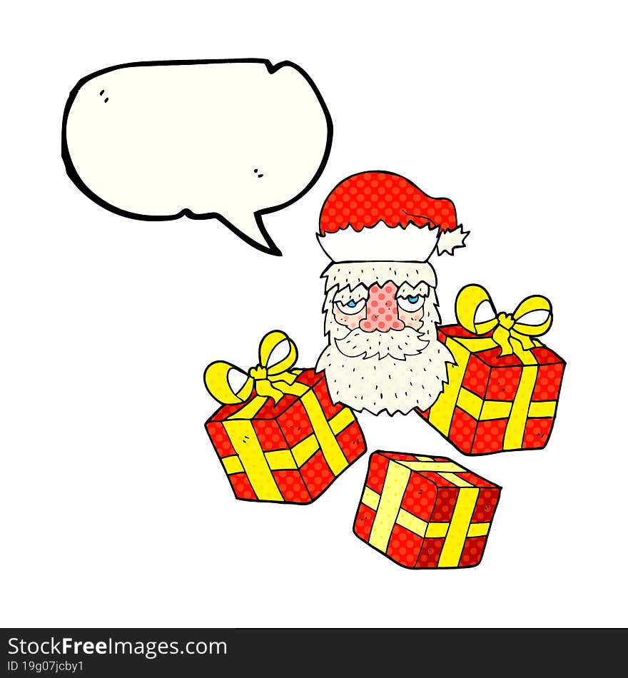 comic book speech bubble cartoon tired santa claus face with presents