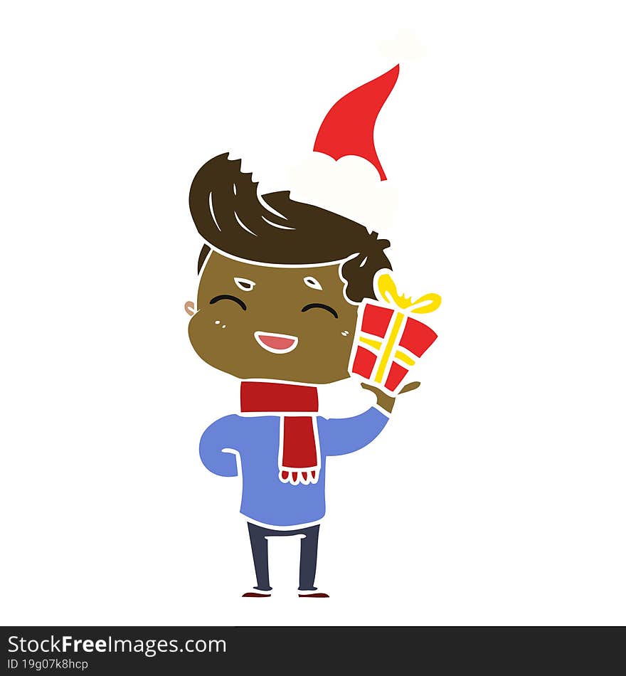 hand drawn flat color illustration of a man laughing wearing santa hat