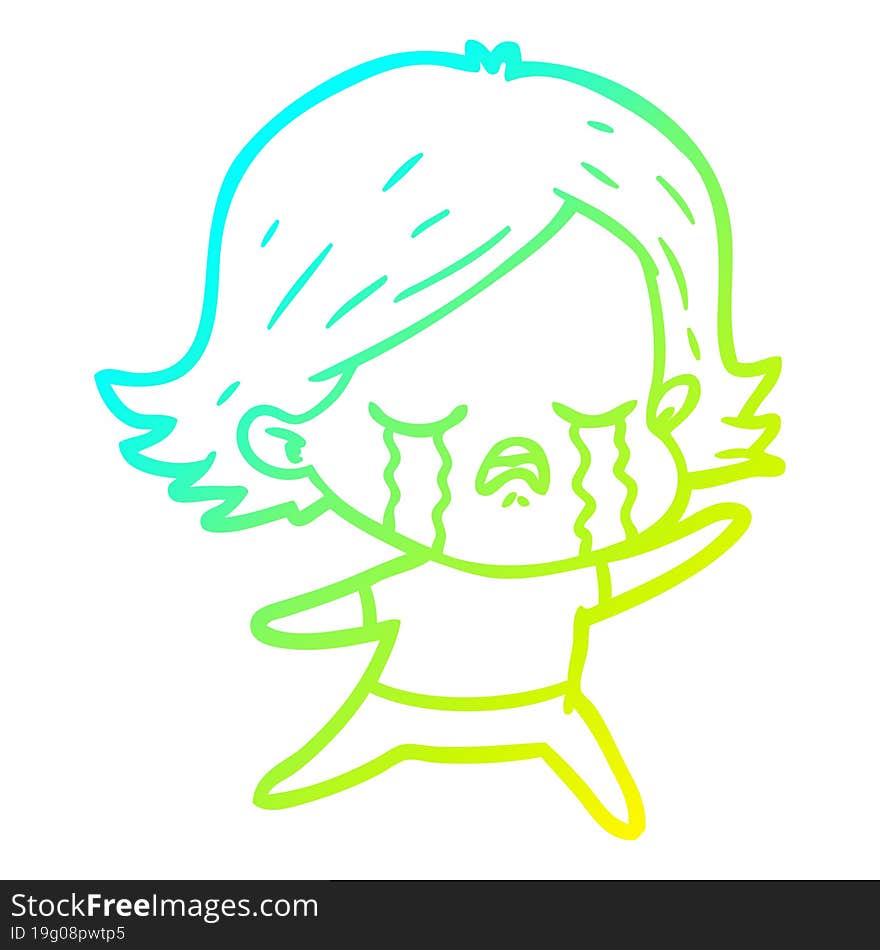 cold gradient line drawing of a cartoon girl crying