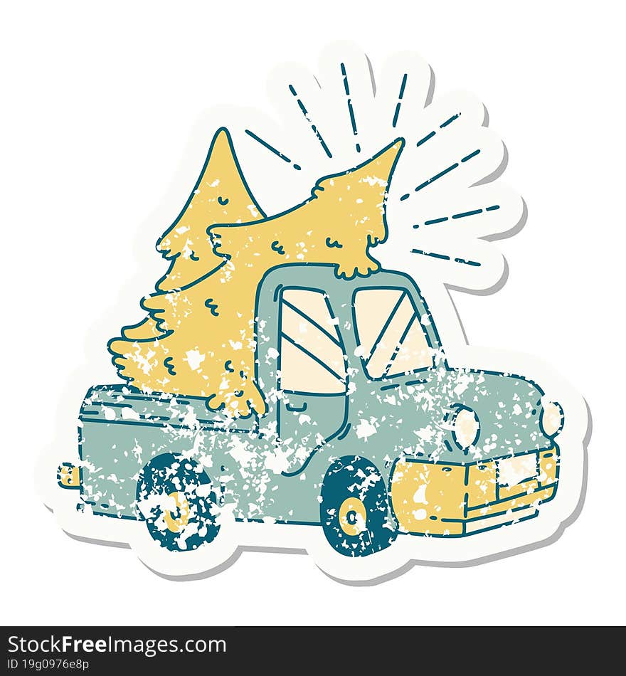 grunge sticker of tattoo style truck carrying trees